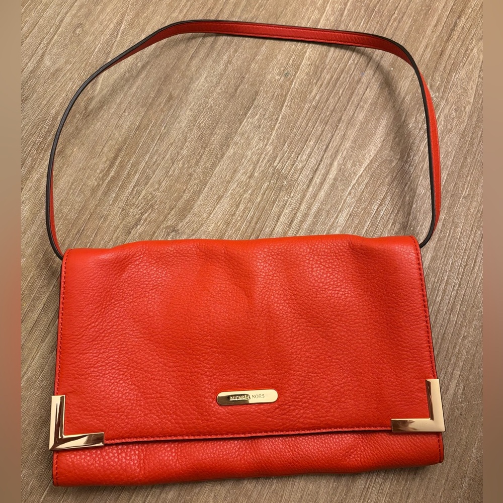 MICHAEL KORS Fold Over Orange Leather Convertible Shoulder or Clutch